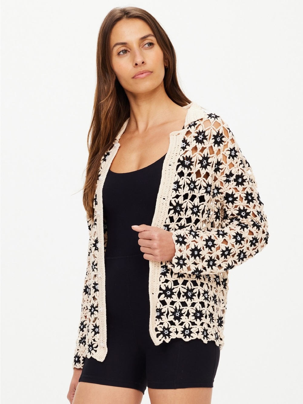The Upside Cream & Black Crochet Flower-Accent Cardigan Luminary Malia - M